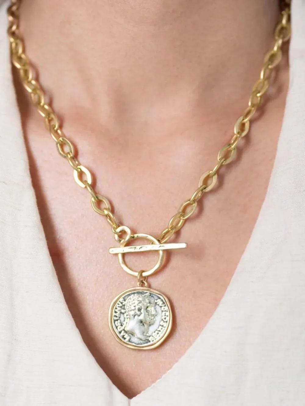 Chunky Coin Antique Gold Plated Thick Link Chain Layered Pendant Necklace for Wo - Picture 3 of 7